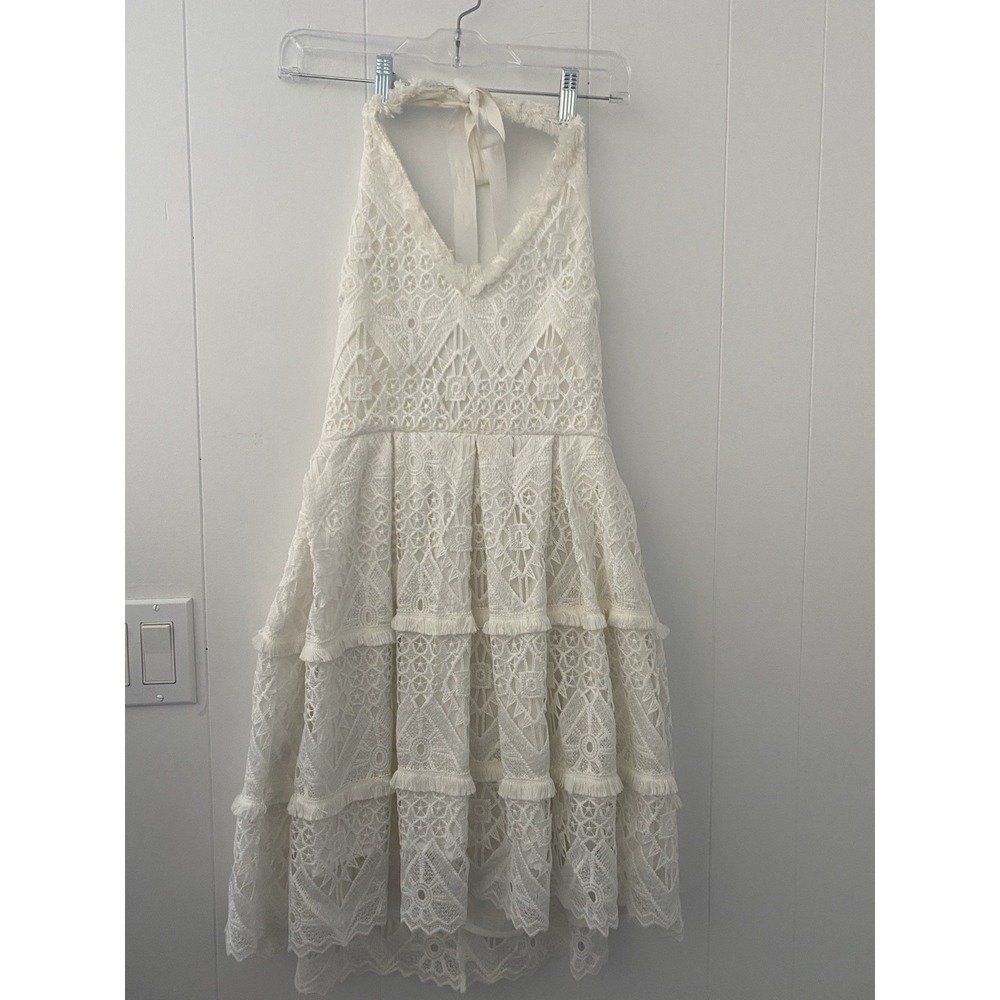 Nomad Ivory Geometric‎ Lace Tiered Fringe Halter Dress Sz Medium Romantic